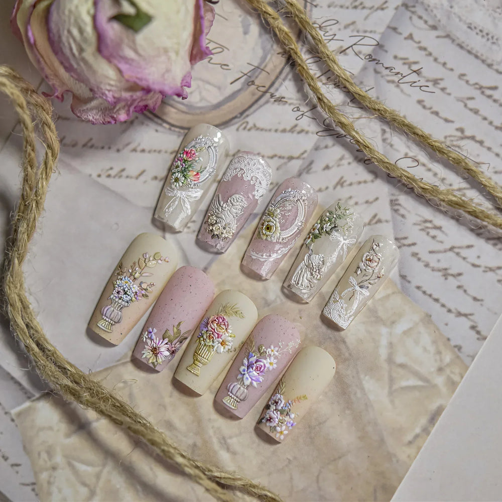 European Garden Angel Wing White Rose Flower Bed Vase Lace Bowknot Statue Adhesive Nail Art Decoration Sticker Manicure Decals (ONLINE ORDER ONLY)