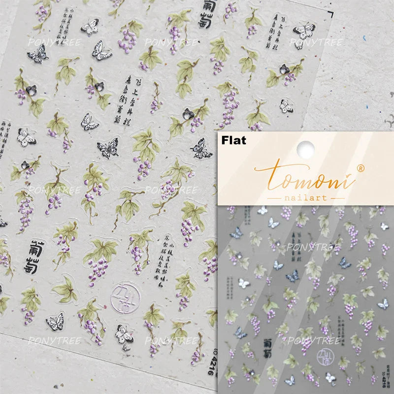 Pink Purple Orchid Hibiscus Rosa-sinensis Flower Butterfly Antique Lattice Window Adhesive Nail Art Stickers  Manicure Decals (Online Order Only)