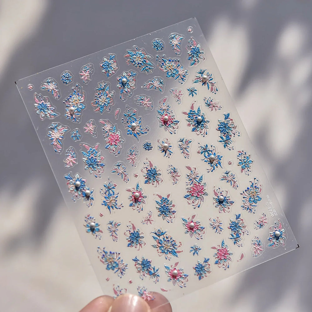 Delicate Shiny Pink Flower Blue Hairpin with Flower Decoration Self Adhesive Nail Art Stickers Pearl Rhinestone Manicure Decals (Online Order Only)