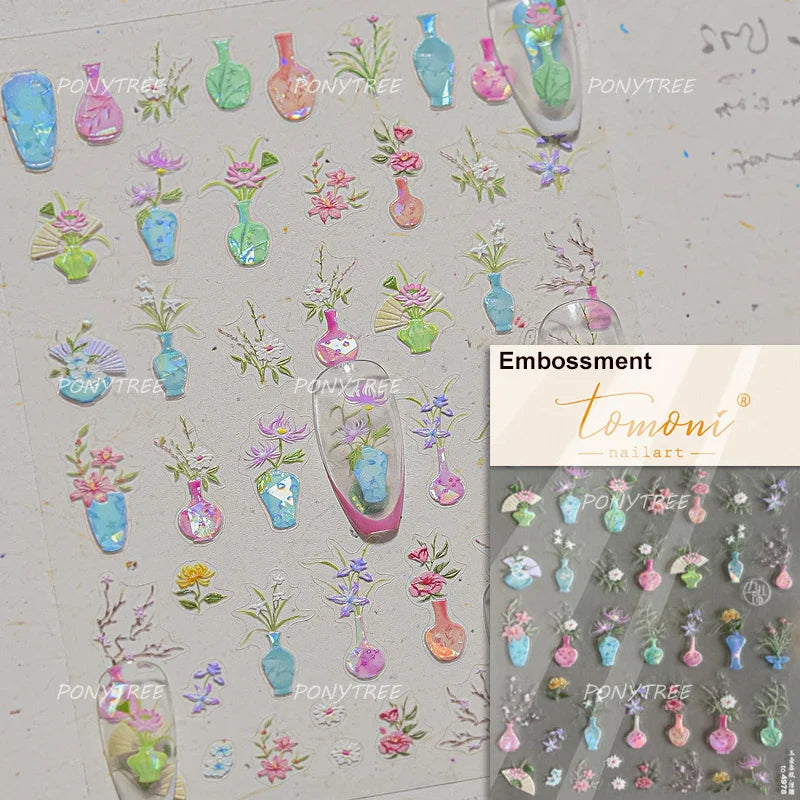 Orchid Daisy Chrysanthemum Peach Blossom Lotus Flower Vase Floral Art Fan Wintersweet Adhesive Nail Art Stickers Manicure Decals (Online Order Only)