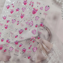 Pink Juicy Strawberry Fruit Cutting Line Ribbon Bowknot Star Happy Sweet Lovely Fruits Delicate Nail Art Stickers Manicure Decal (ONLINE ORDER ONLY)