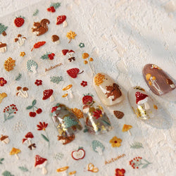 Squirrel Mushroom Apple Strawberry Cherry Pinecone Ginkgo Leaf Self Adhesive Nail Art Stickers Butterfly Flower Manicure Decals (ONLINE ORDER ONLY)