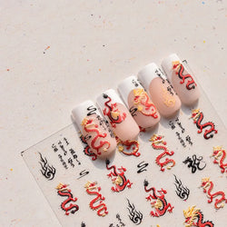 Retro Embroidered Dragon Red Pink Blue White Porcelain Chinese 3D Embossed Relief Self Adhesive Nail Art Stickers Manicure Decal (ONLINE ORDER ONLY)