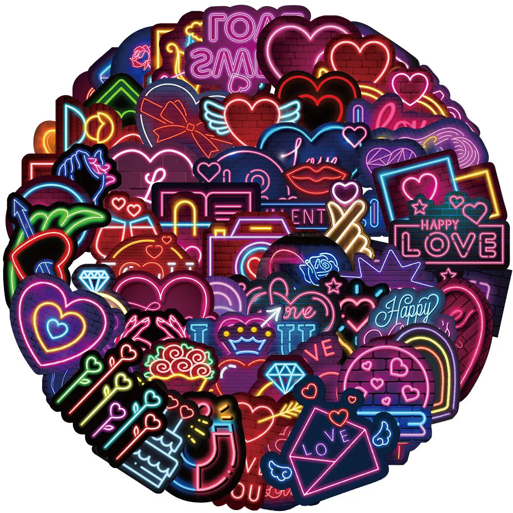 Neon Valentine's Day Stickers for Suitcase, Skateboard, Laptop, Luggage, Phone, Car - 10/30/56pcs Decal Set (ONLINE ORDER ONLY)