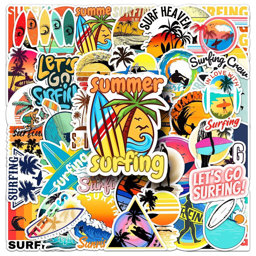 10/50PCS Outdoor Summer Beach Surfing Stickers Waterproof DIY Water Bottle Luggage Surfboard Fridge Car Skateboard Decal Sticker (ONLINE ORDER ONLY)