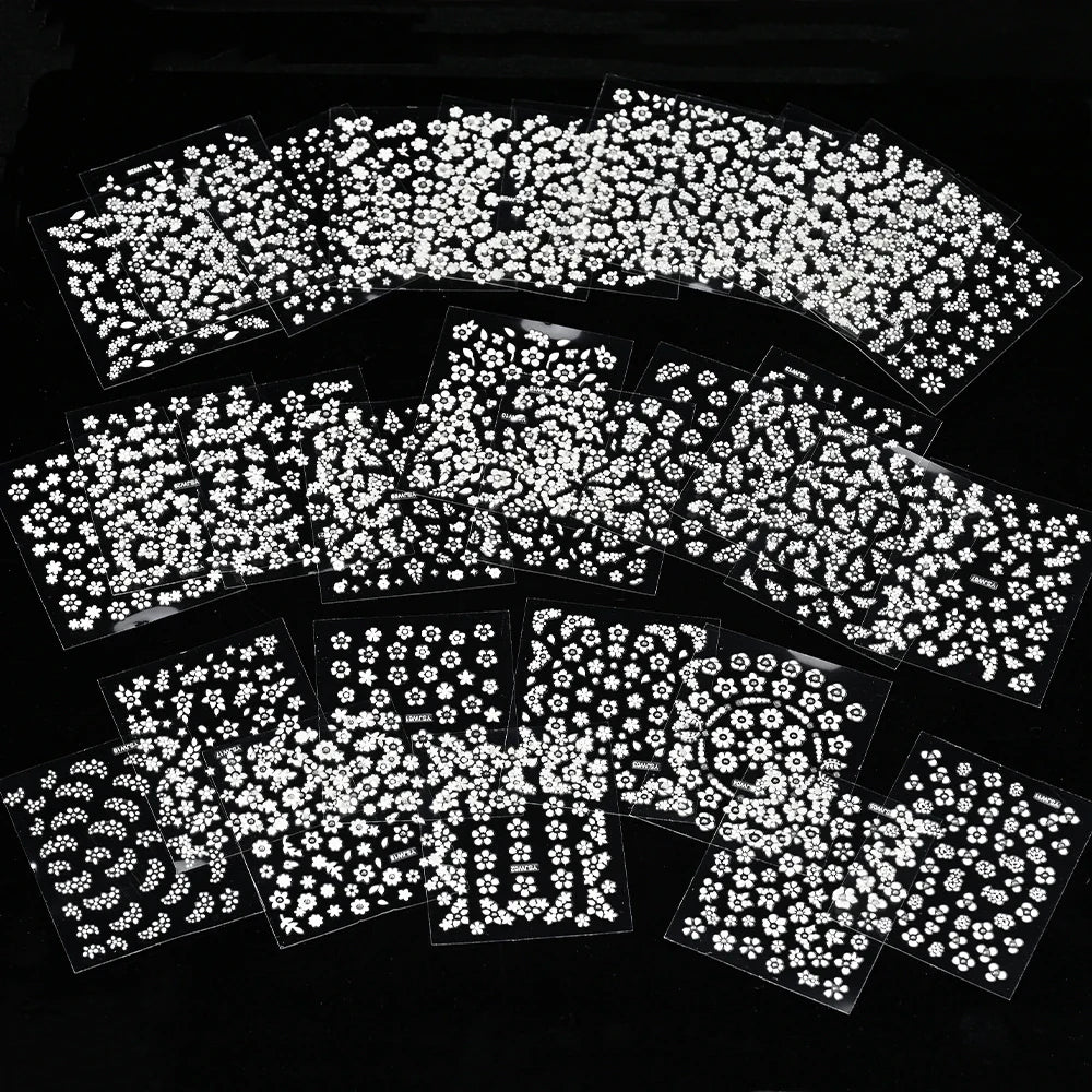 30 Sheet 3D Flower Nail Stickers Decals 6.5*5cm Transparent White Floral Leaf Butterflies Heart Nail Art Adhesive Strip Supplies (ONLINE ORDER ONLY)