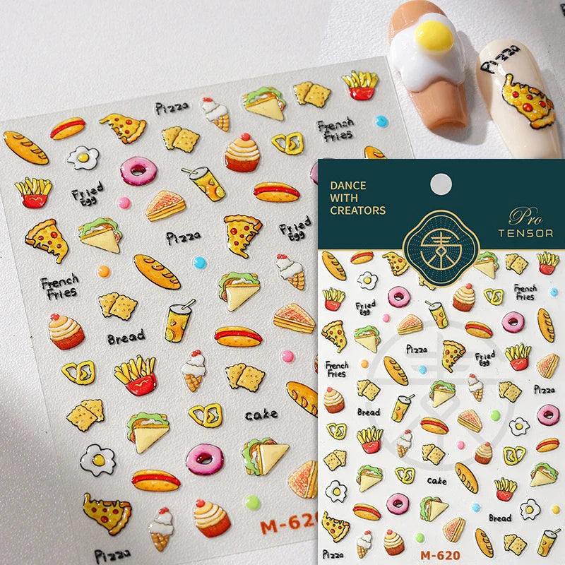 Colorful Food Pudding Alkali Water Bowknot Cream Fork Cup Bread Jelly Fruit Cartoon Cake Relief Nail Art Sticker Manicure Decals (ONLINE ORDER ONLY)