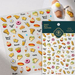 Colorful Food Pudding Alkali Water Bowknot Cream Fork Cup Bread Jelly Fruit Cartoon Cake Relief Nail Art Sticker Manicure Decals (ONLINE ORDER ONLY)