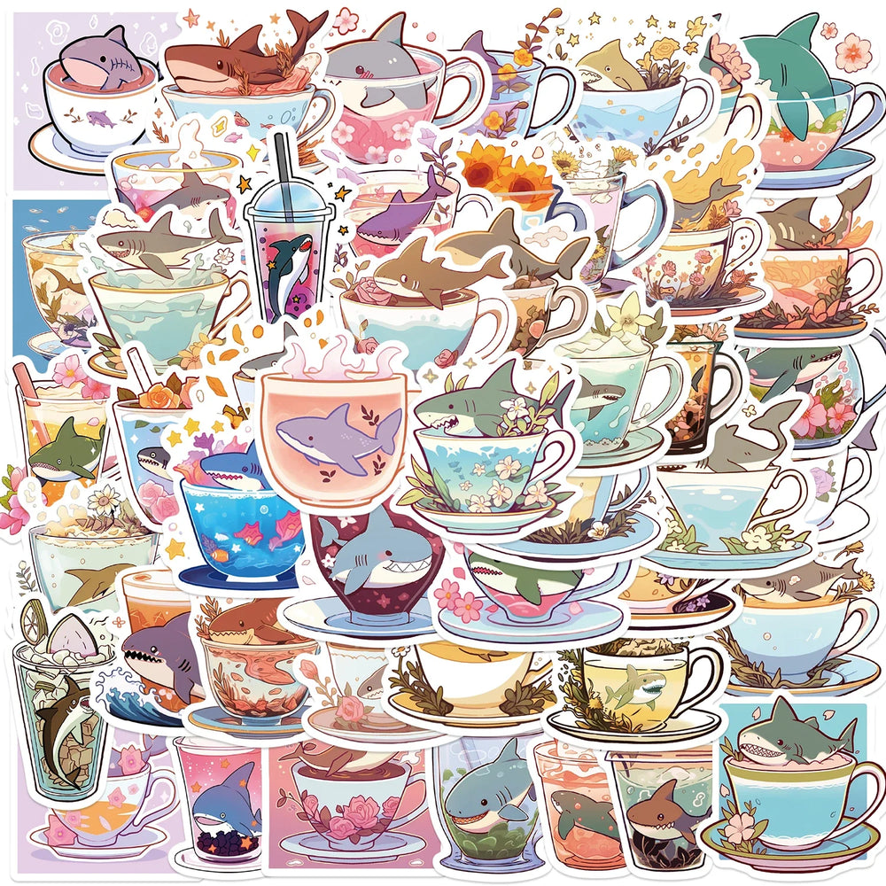 50pcs Shark And Cup Stickers Cartoon Waterproof Pvc Decals for Skateboard Helmet Laptop Bicycle Motorcycle Stickers Kids Toy (ONLINE ORDER ONLY)