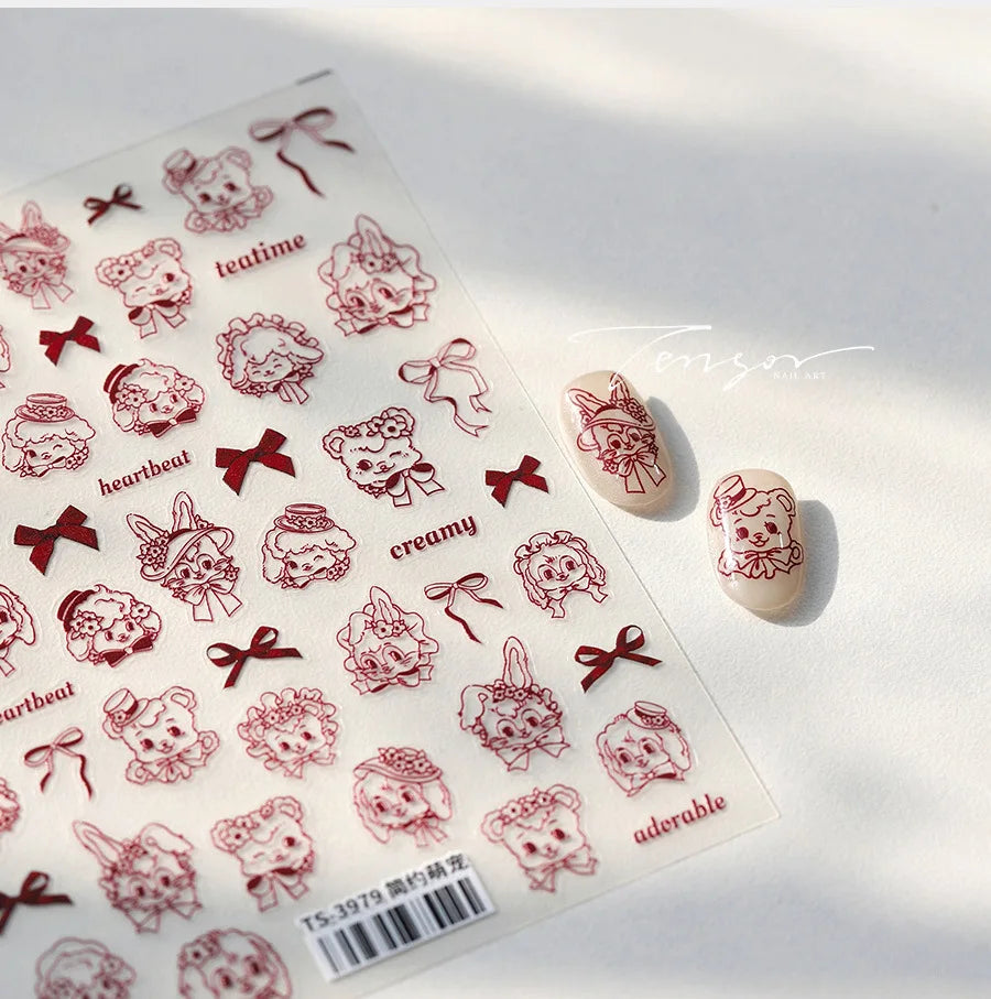 Cute Pet Creamy Rabbit Bear Dog Ribbon Bowknot Lamb Red Painted Heartbeat Flowers Adhesive Nail Art Stickers 3D Manicure Decals (Online Order Only)