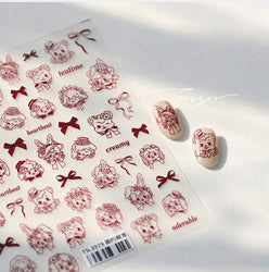 Cute Pet Creamy Rabbit Bear Dog Ribbon Bowknot Lamb Red Painted Heartbeat Flowers Adhesive Nail Art Stickers 3D Manicure Decals (Online Order Only)
