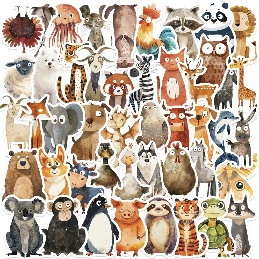 50Pcs Strange Watercolor Animals Stickers Cute Waterproof Decals For DIY Helmet Skateboard Laptop Motorcycle Cool Kids Gifts﻿ (ONLINE ORDER ONLY)