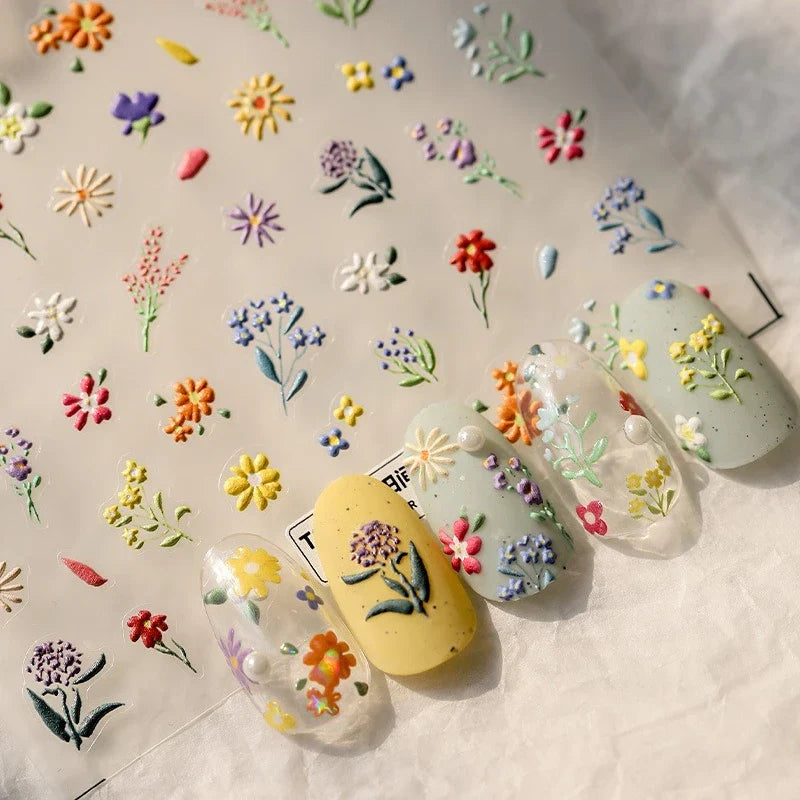 Chic Wild Flower Oil Painting Small Variegated Daisy Peach Blossom Lavender Petal Adhesive Nail Art Stickers Manicure Decals (Online Order Only)