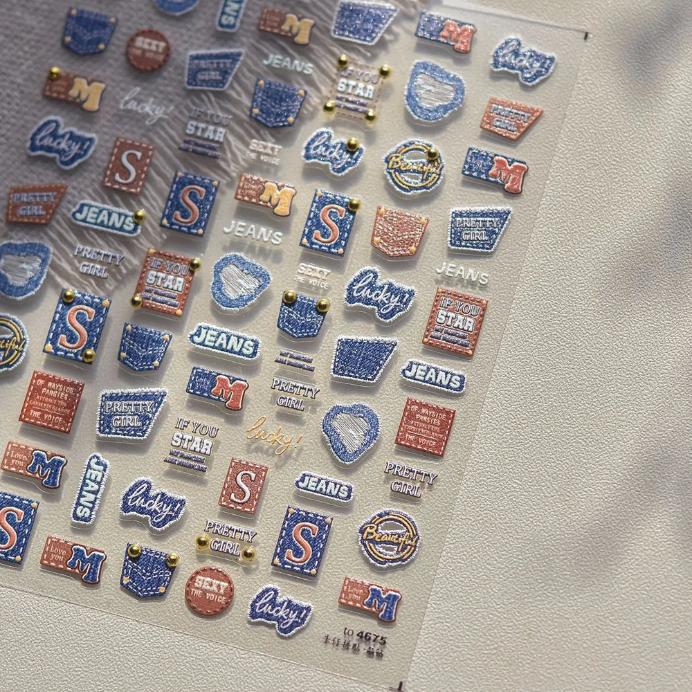 Round Jeans Square Sexy Blue Series Cowboy Lucky Beautiful Letter Self Adhesive Nail Art Sticker Pearl Rhinestone Manicure Decal (ONLINE ORDER ONLY)