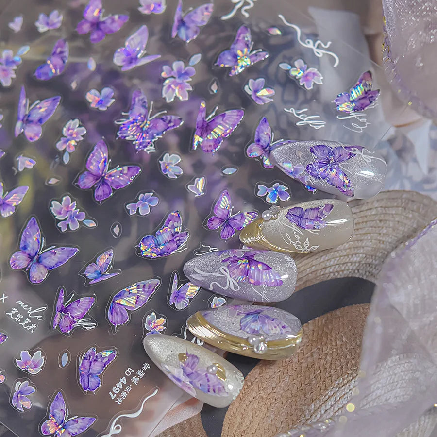 Delicate Tender Purple Butterfly Seal Pattern Insect Shiny Golden Stroke Nail Art Decoration Sticker Dressy Laser Manicure Decal (ONLINE ORDER ONLY)