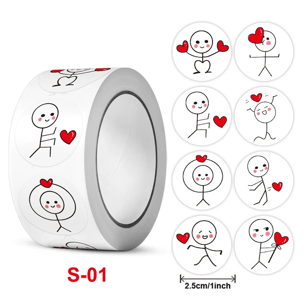 50-500pcs Cartoon Reward Sticker Roll Love Labels Valentine's Day Sticker for Wedding Gift Decor Envelope Sealing Scrapbooking (ONLINE ORDER ONLY)