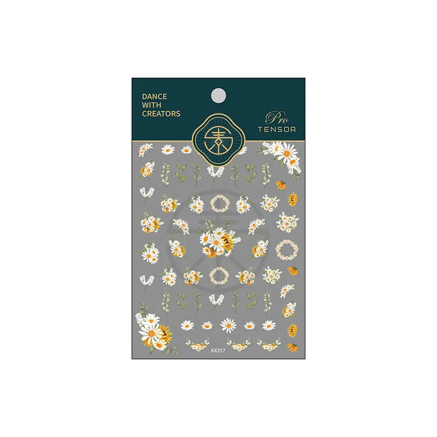 White Daisy Sunflower Green Leaves Wreath Garland Flower Cluster Bouquet Flat Adhesive Nail Art Sticker Manicure Decals Supplies (Online Order Only)