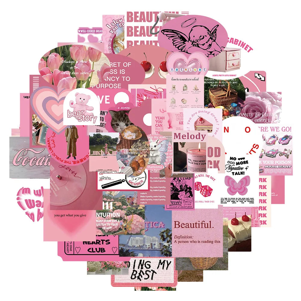 Cartoon Pink Stickers Pack: Aesthetic DIY Phone Skateboard Luggage Wall Decals (ONLINE ORDER ONLY)