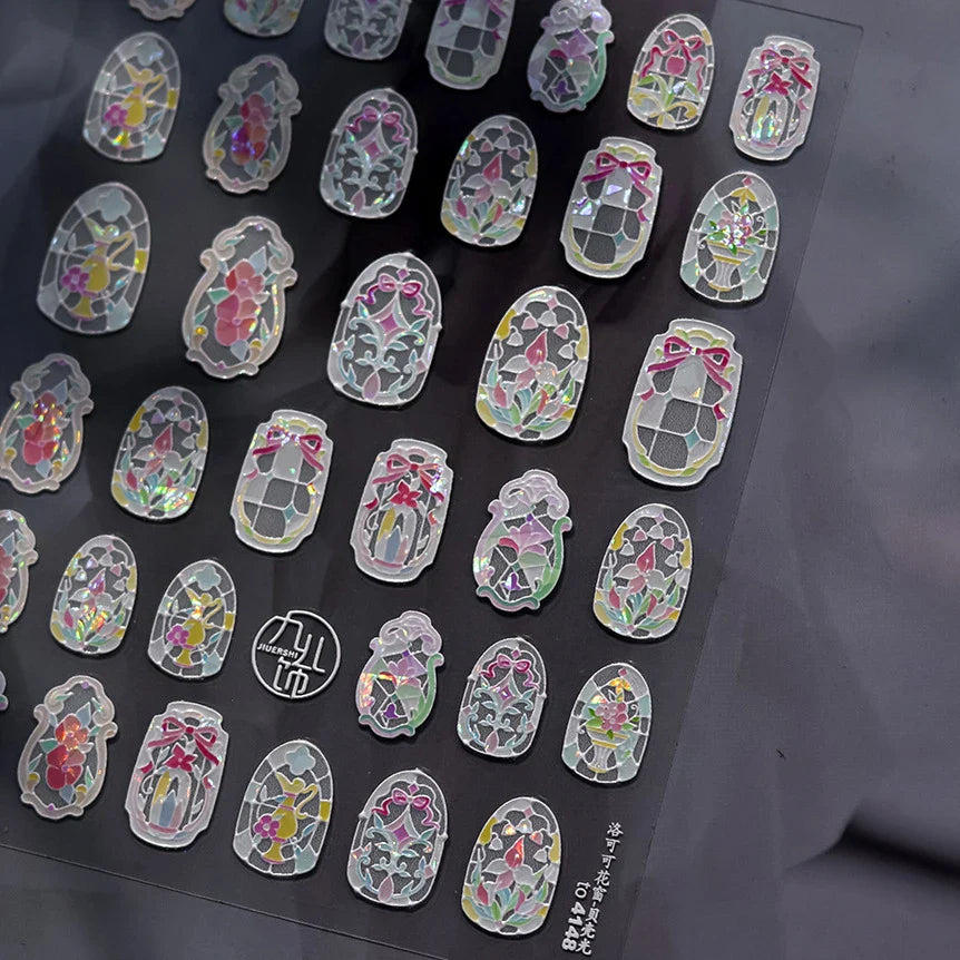 Retro Shiny Glazed Rococo Flower Window Dreamy Butterfly Geometric Frame Stamp Embossed Reliefs Nail Art Stickers Manicure Decal (Online Order Only)