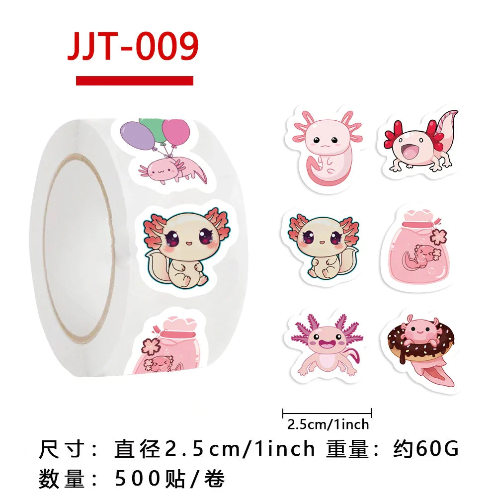 500pcs Cute Cartoon Axolotl Stickers Children Reward Label Encouragement Scrapbooking Decoration Stationery Animals Sticker Toys (ONLINE ORDER ONLY)