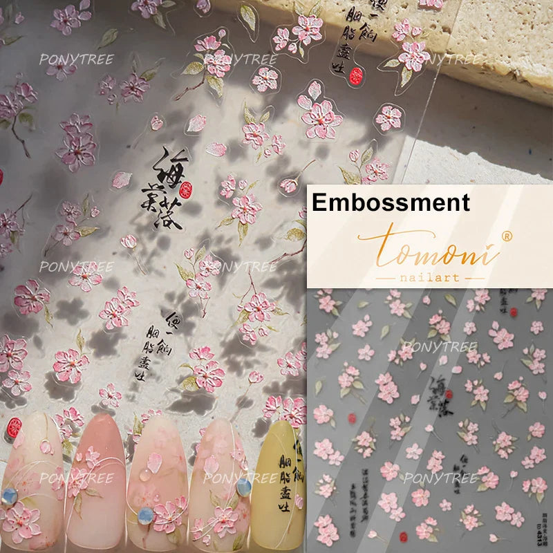 Pink Peach Blossom Flower White Pear Romantic Archaistic Swallow Window Adhesive Nail Art Stickers Rhinestone Manicure Decals (ONLINE ORDER ONLY)