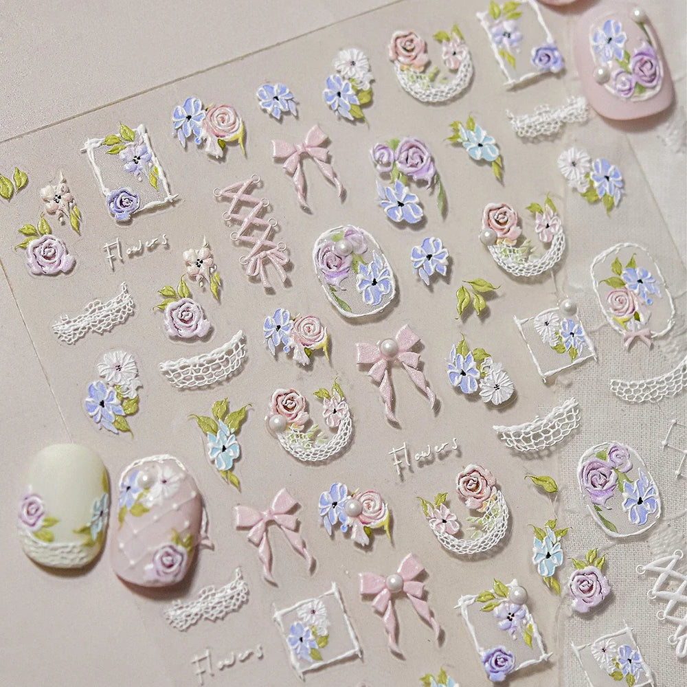 Rose Flower Bouquet Leaves Lace Bowknot Pearl Photo Frame Gird Embossed Reliefs Self Adhesive Nail Art Stickers Manicure Decals (ONLINE ORDER ONLY)