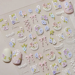 Rose Flower Bouquet Leaves Lace Bowknot Pearl Photo Frame Gird Embossed Reliefs Self Adhesive Nail Art Stickers Manicure Decals (ONLINE ORDER ONLY)