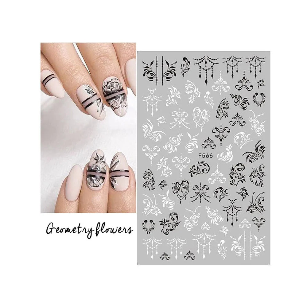 1PC Lace Flower Leaf Nail Sticker Geometric Line Leaf Floral Nail Art Decal Abstract Elegant Black White Pattern Nail Decoration (ONLINE ORDER ONLY)