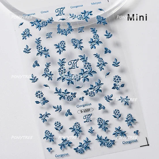 Hazy Feeling Bluestar-Amsonia Hubristic Blue Star Flower Floral Print 5D Soft Embossed Adhesive Nail Art Sticker Manicure Decals (ONLINE ORDER ONLY)