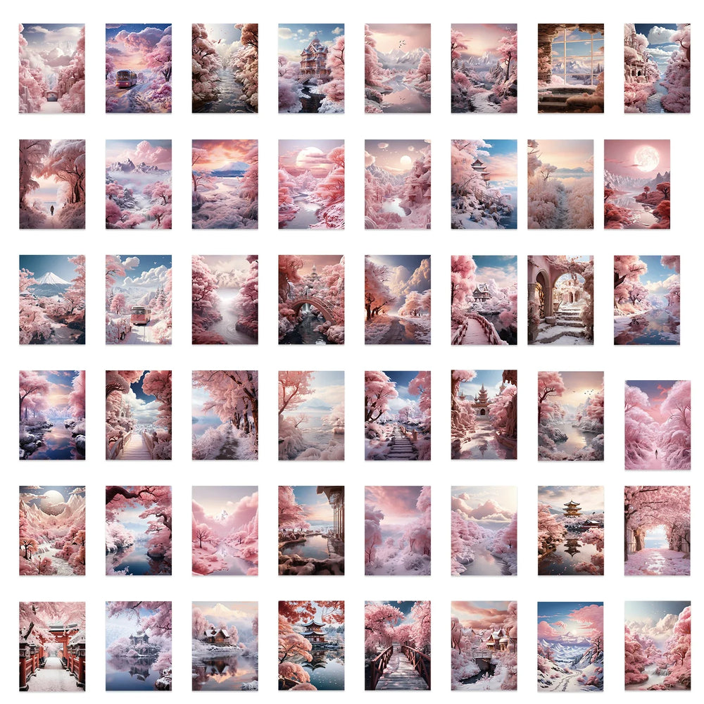 50PCS INS Landscape Pink Painting Stickers Vsco Vinyl Aesthetic Stickers for Water Bottles Waterproof Sticker for Kids Girl (Online Order Only)