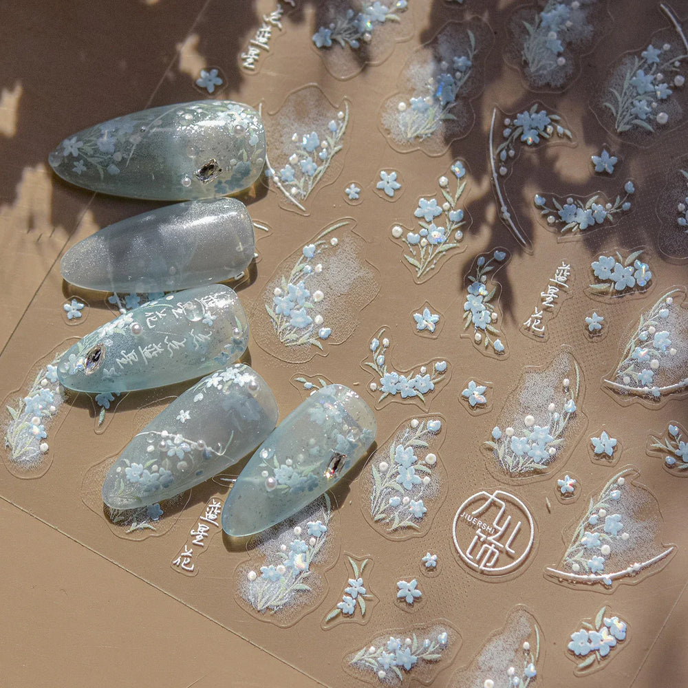 Hazy Feeling Bluestar-Amsonia Hubristic Blue Star Flower Floral Print 5D Soft Embossed Adhesive Nail Art Sticker Manicure Decals (ONLINE ORDER ONLY)