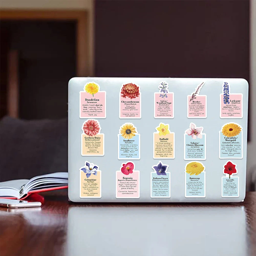 50pcs Ins Style Flower Language Stickers For Skateboard Notebook Laptop Phone Bike Wall Sticker Toys Aesthetic DIY Decoration (ONLINE ORDER ONLY)
