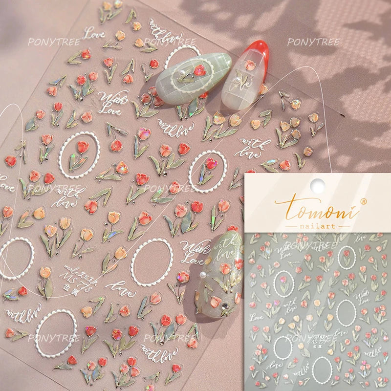 Cute  Pink Blue Nature Tulip Star Heart Butterfly Peach Blossom Jelly Embossed Relief Adhesive Nail Art Stickers Manicure Decals (ONLINE ORDER ONLY)