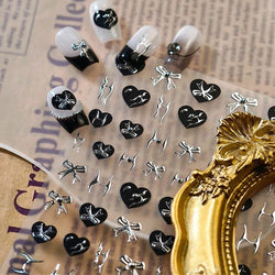 Black Silver Bowknot Love Heart Lace Irregular Line Lava Chic Self Adhesive Nail Art Stickers Embossed Reliefs Manicure Decals (Online Order Only)