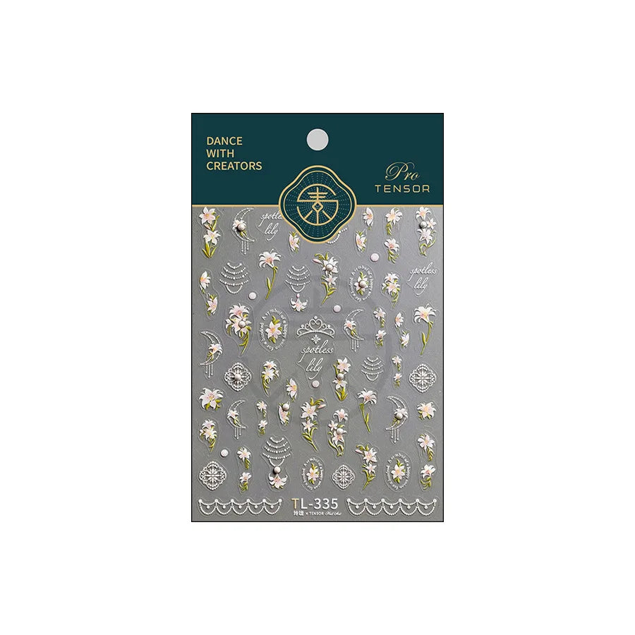 Spotless Lily Lilium Flowers Moon Pearl Crown Lily-white Pearl Necklace Pendant Self Adhesive Nail Art Stickers Manicure Decals (Online Order Only)