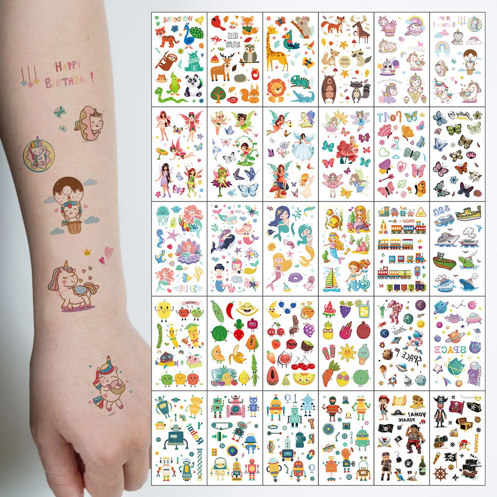 30pcs Cute Cartoon Tattoo Stickers, Unicorn, Animal, Mermaid, Car Wheel Boat, Space Robot, Fruit, Pirate, Butterfly Elf Tattoos (ONLINE ORDER ONLY)