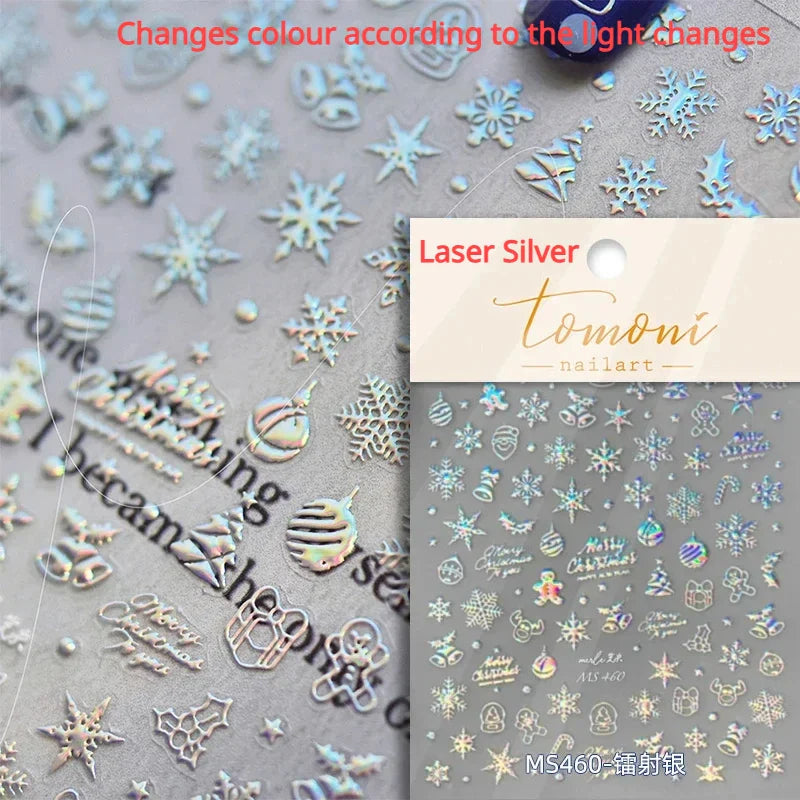 Hot Stamping Romantic White Gold Snowflakes Hexagon Winter 3D Self Adhesive Nail Art Stickers Shiny Rhinestone Manicure Decals (Online Order Only)