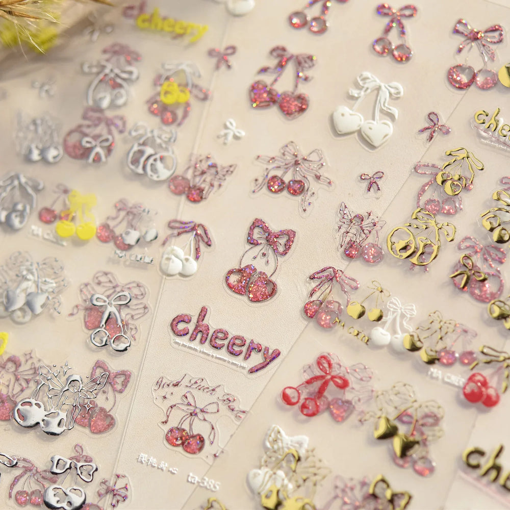 Colourful Cherry Abundant Fruits Bowknot Shiny White Line Outline Self Adhesive Nail Art Stickers Chic Rhinestone Manicure Decal (ONLINE ORDER ONLY)