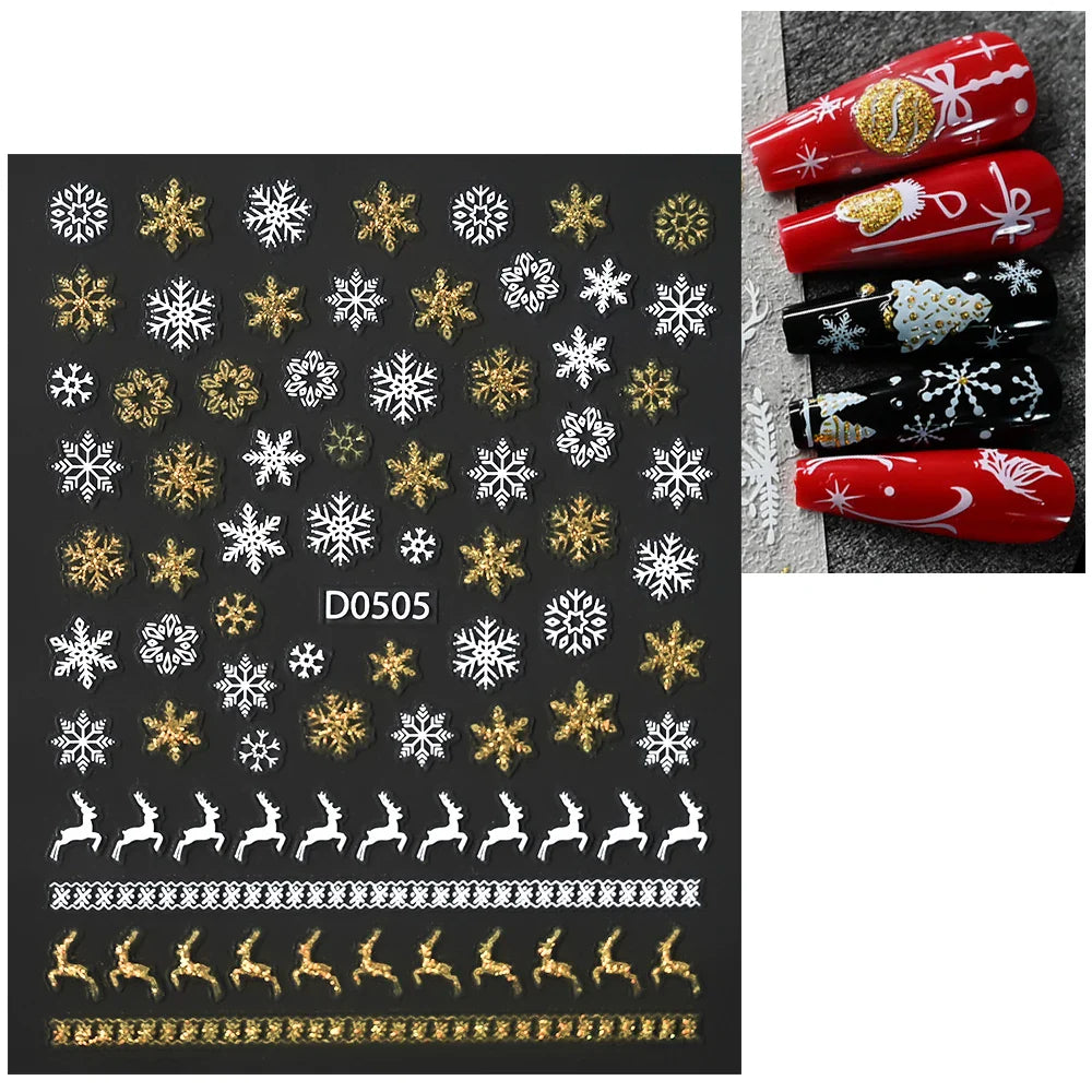 1pc Christmas Nail Sticker 3D Gold Glitter Snowflake Elk Penguin Bells Design Adhesive Nail Slider Decals Winter Manicure Decor* (Online Order Only)