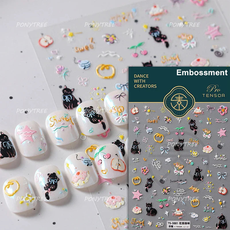 Lovely Cartoon Halo Dyeing Cat Bowkbot Paw Kitten Star Love Charming Self Adhesive Nail Art Sticker Cute Animals Manicure Decal (ONLINE ORDER ONLY)