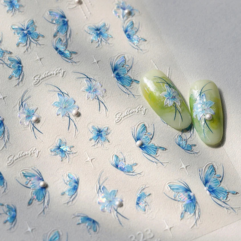 Chic Butterfly Flower Lily Lilium Narcissus Line Beautiful Blue Pearl Self Adhesive Nail Art Stickers Decorations Manicure Decal (Online Order Only)