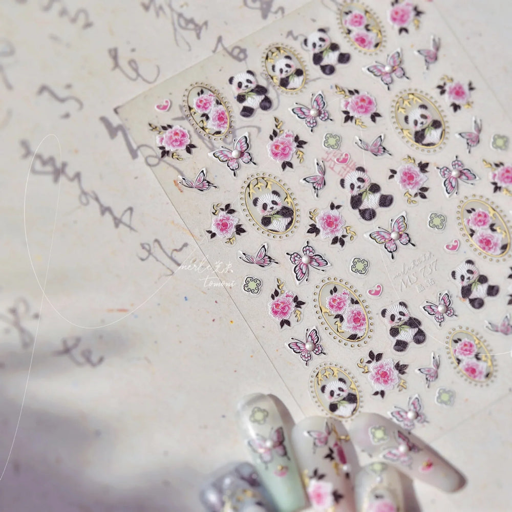 Panda Bamboo Butterfly Pattern Totem Figure Peony Flower Love Heart Adhesive Nail Art Stickers Embroidery Pearl Manicure Decals (ONLINE ORDER ONLY)