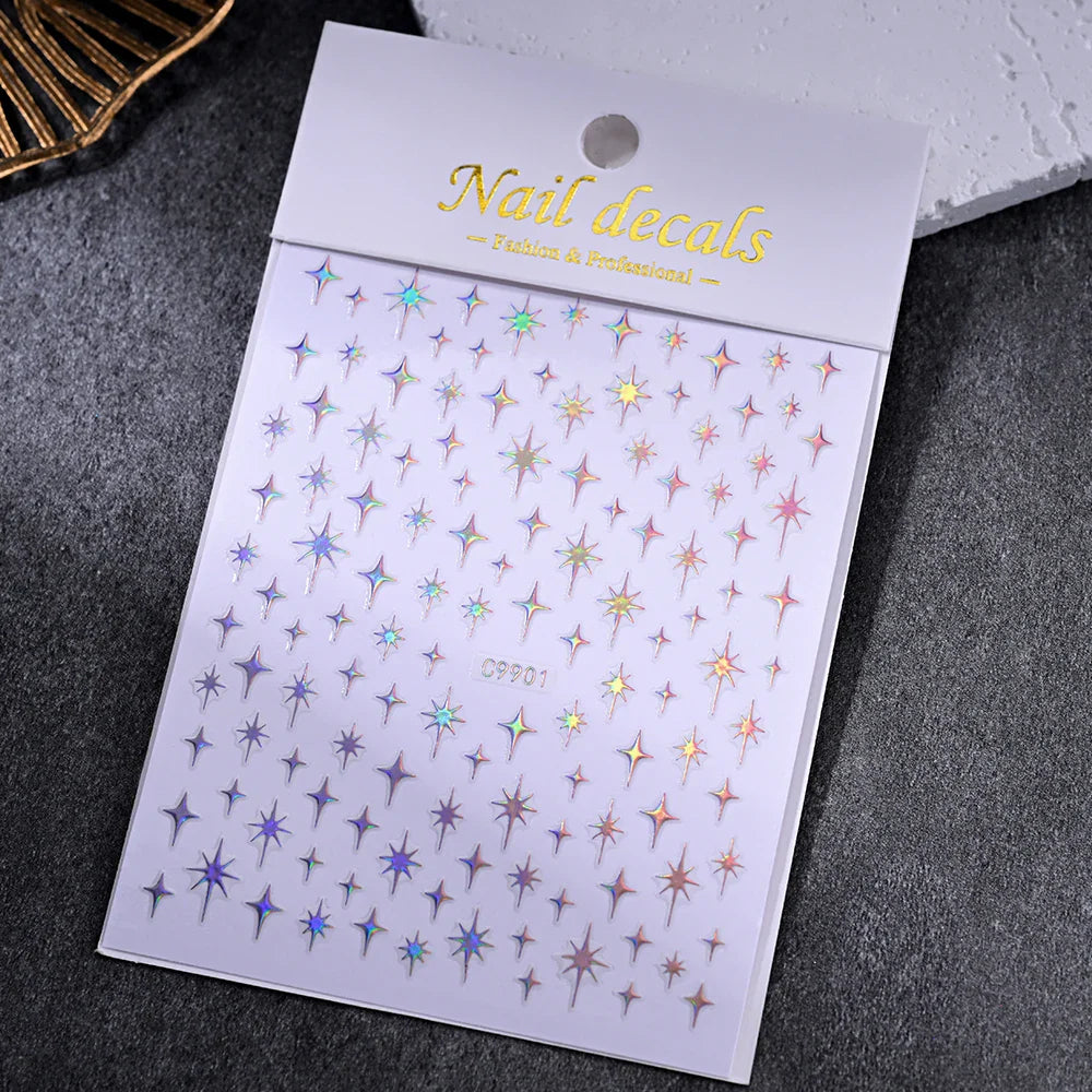 1Sheet Laser Star Nail Stickers 3D Metallic Mirror Gold/Silver Irregular Star Manicure Decals Y2K Self Adhesive Nails Decoration (ONLINE ORDER ONLY)