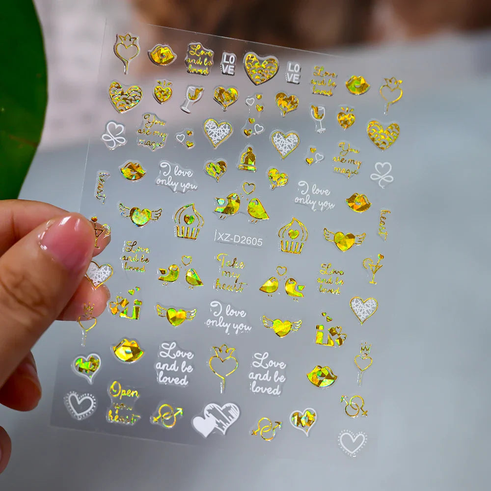 1pc Bohemian Valentine Nail Stickers 3D Self-Adhesive Fantasy Nail Art Glitter Sun, Heart, Lock, Star & Moon Designs Nail Decals (ONLINE ORDER ONLY)