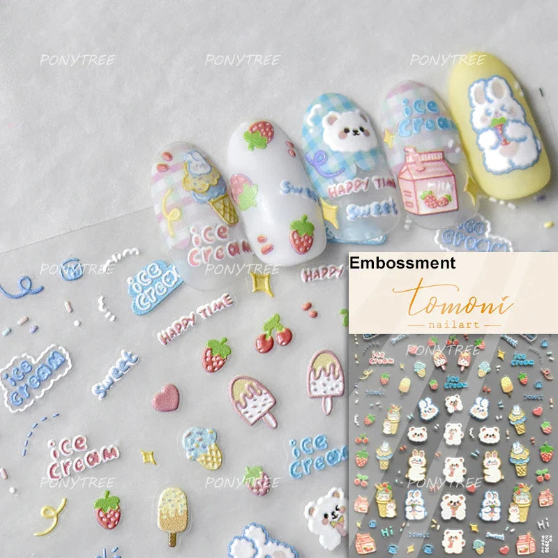 Cute Graffiti Cartoon Line Cherry Bear Cat Flower Bouquet Fish Boys Girls Strawberry Reliefs Nail Art Stickers Manicure Decals (ONLINE ORDER ONLY)