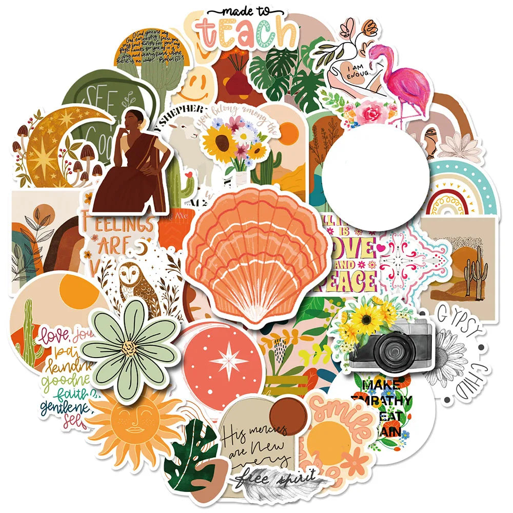 50pcs Funny Cartoon Cute Bohemia Graffiti Stickers Aesthetic Boho Style Phone Laptop Bike Notebook Phone Laptop Sticker (Online Order Only)