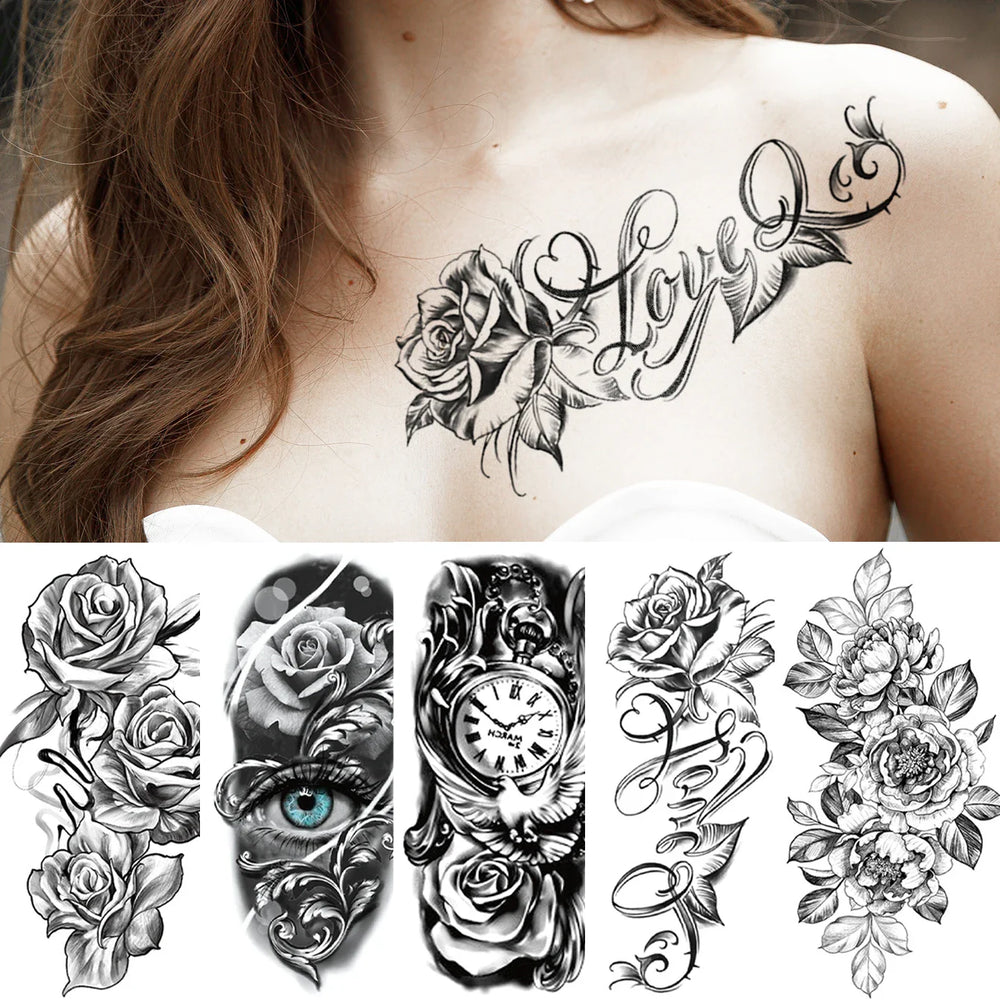 5pcs Waterproof Temporary Tattoo Stickers: Lion, Flower, Wolf, Rose, Tiger (ONLINE ORDER ONLY)