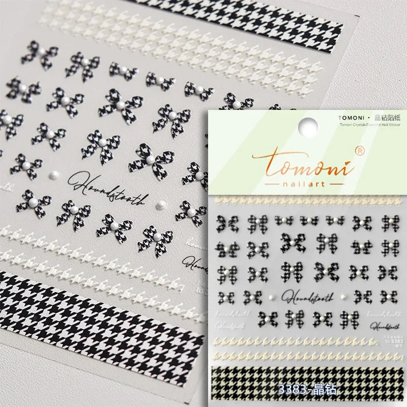 French Style Geometric Black White Square Grid Rhombus Stripe 3D Self Adhesive Nail Art Stickers Shiny Rhinestone Manicure Decal (ONLINE ORDER ONLY)