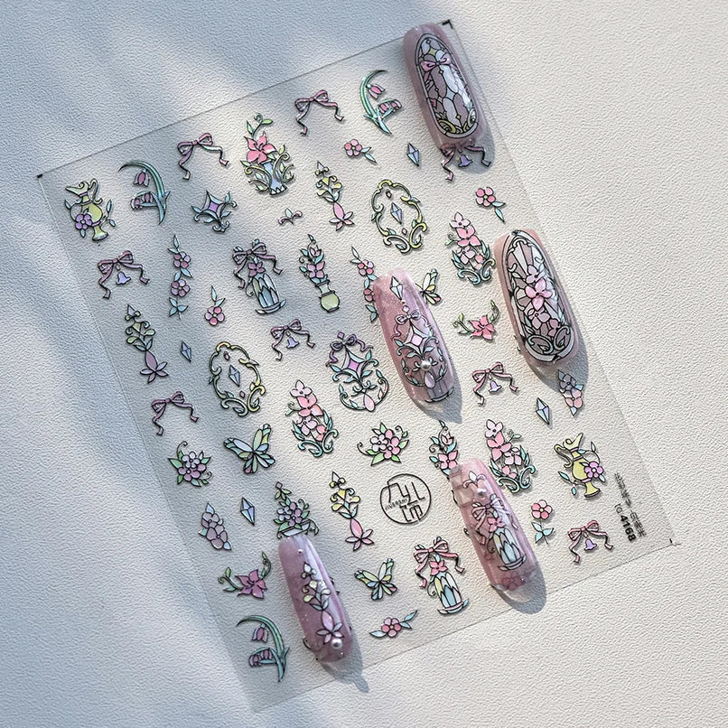 Retro Shiny Glazed Rococo Flower Window Dreamy Butterfly Geometric Frame Stamp Embossed Reliefs Nail Art Stickers Manicure Decal (Online Order Only)