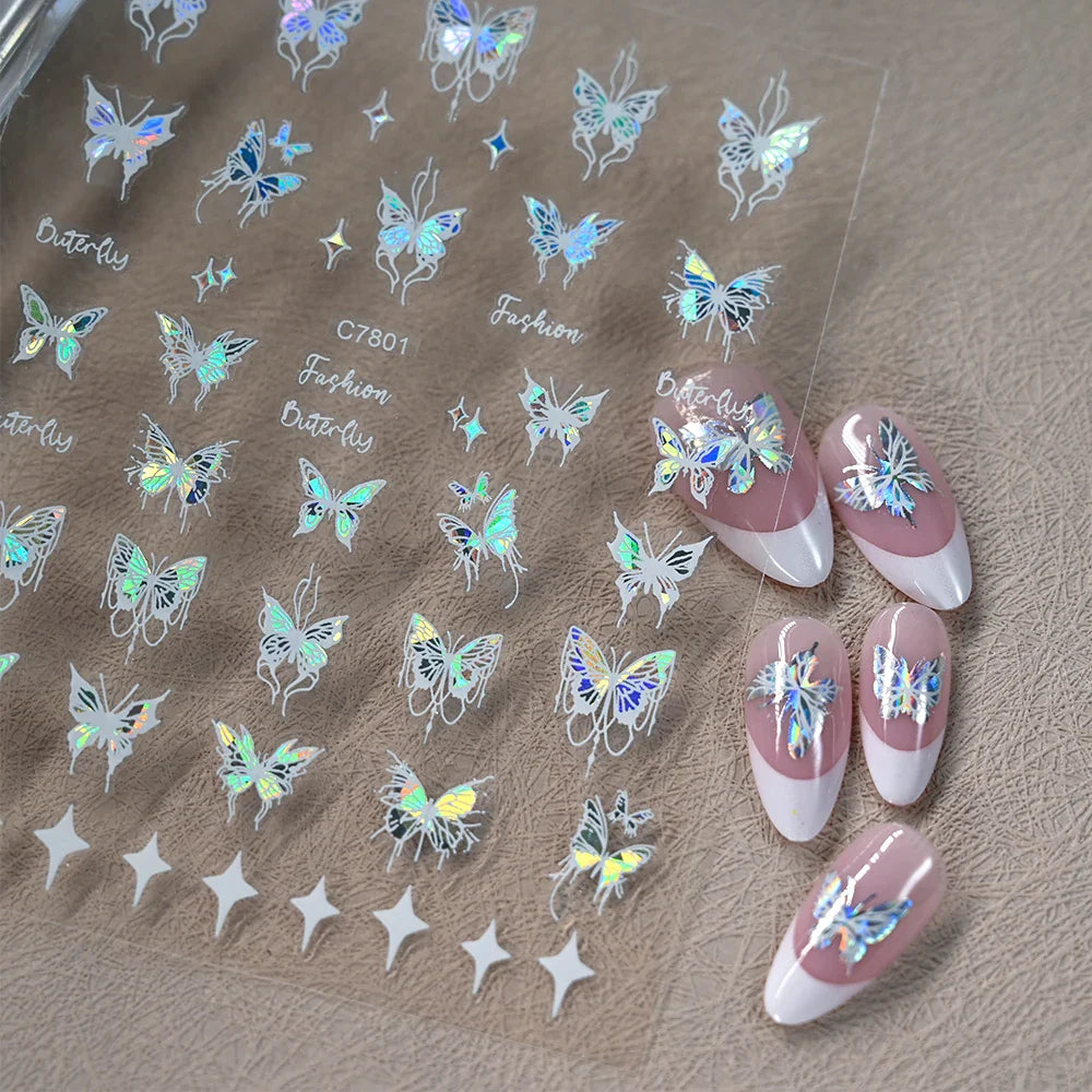 1pcs Butterfly Floral Nail Art Stickers Magic Shell Light Laser Black/White Nail Decoration Butterfly Slider Manicure Ornaments* (Online Order Only)